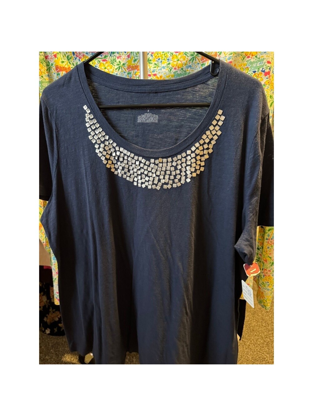 004 Merona Women Navy Blue Studded Scoop Neck Cotton Slub Short Sleeve Top 2XL